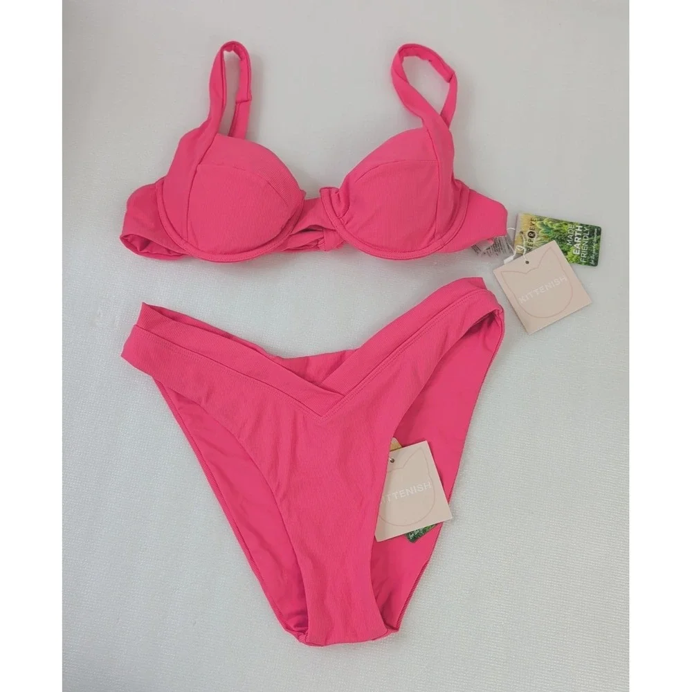 Kittenish Bikini Swim Set Womens‎ Large Pink Cheeky High Cut Beach Pool Vacation